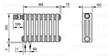 Схема (чертеж) Радиатор Zehnder Charleston 3030/8 №V001 Белый глянцевый RAL 9016